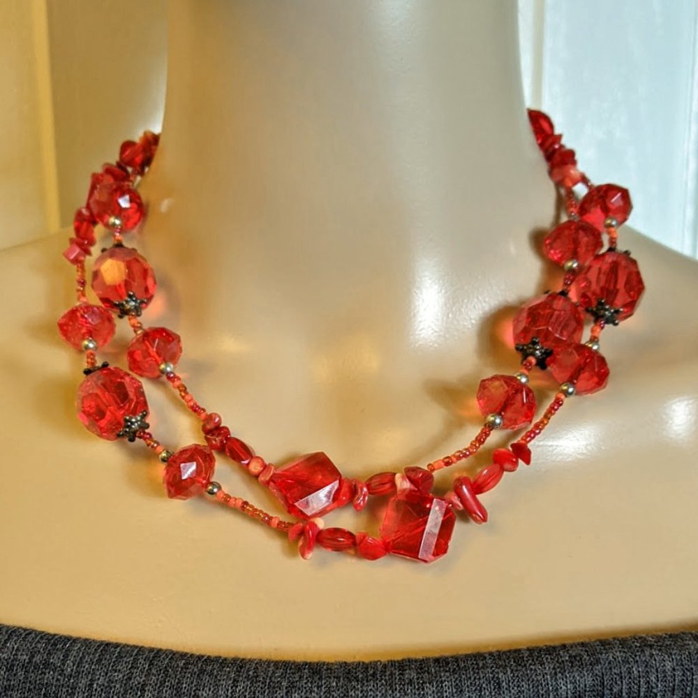 Red Bead Necklace Glass Acrylic Coral Nuggets